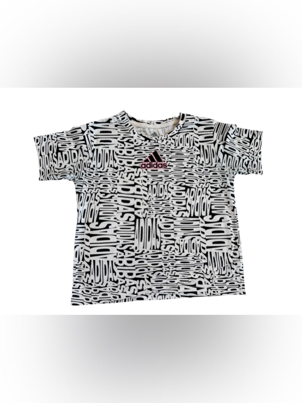 ADIDAS Girls M (10/12) Black & White Wordmark All-Over Print Logo T-Shirt